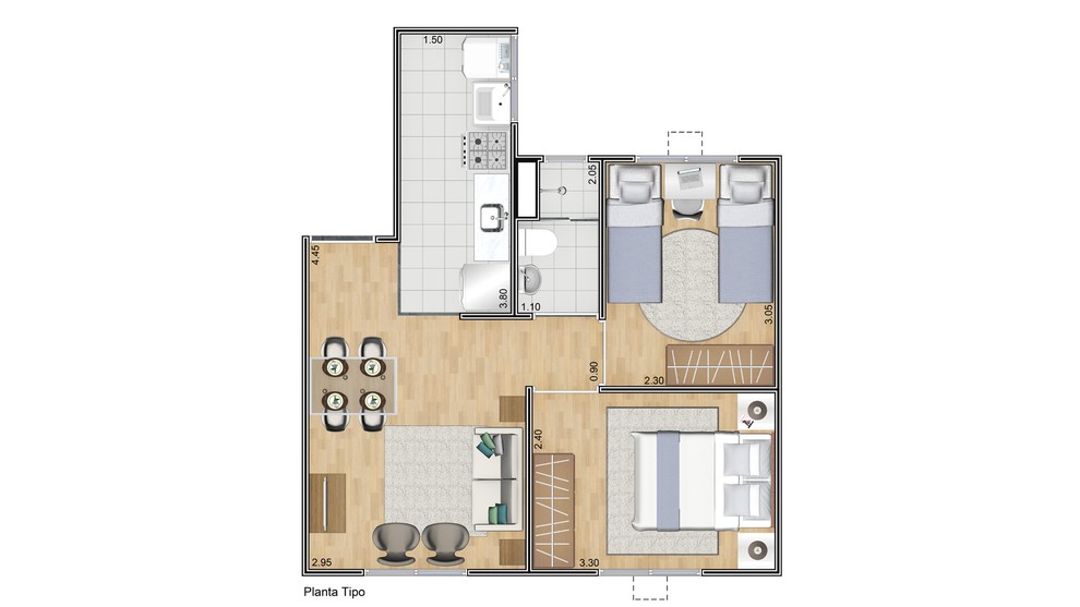 1 quarto - planta ponta do Residencial Vila Cantuária