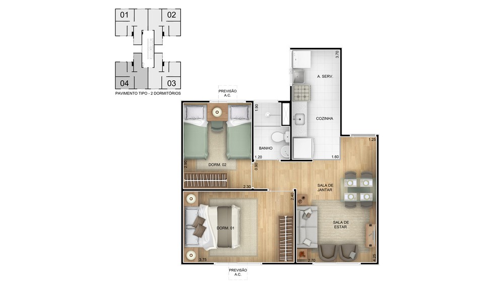 1 quarto - planta ponta do RESIDENCIAL VILA ATLÂNTICA F1
