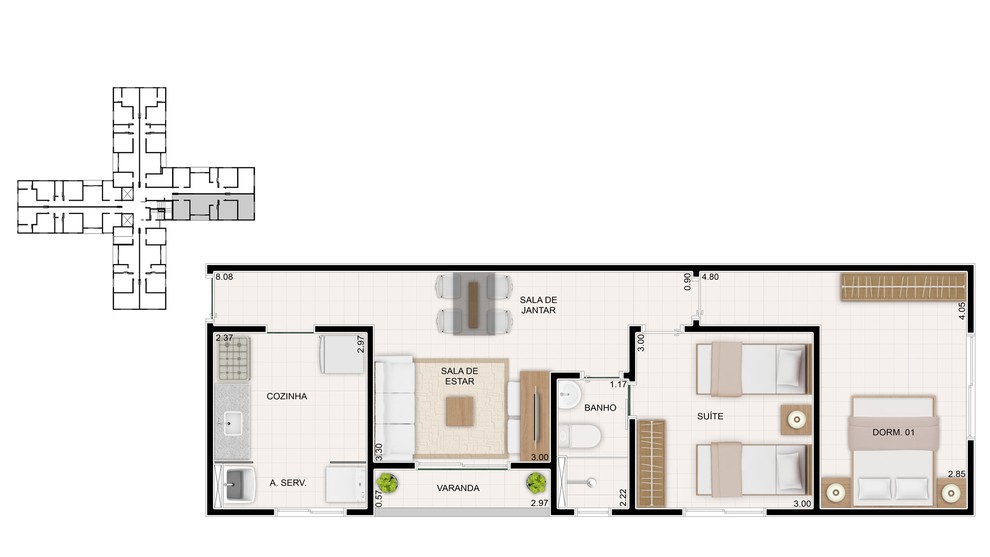 1 quarto - planta meio do CLUB CHEVERNY TOWER F1