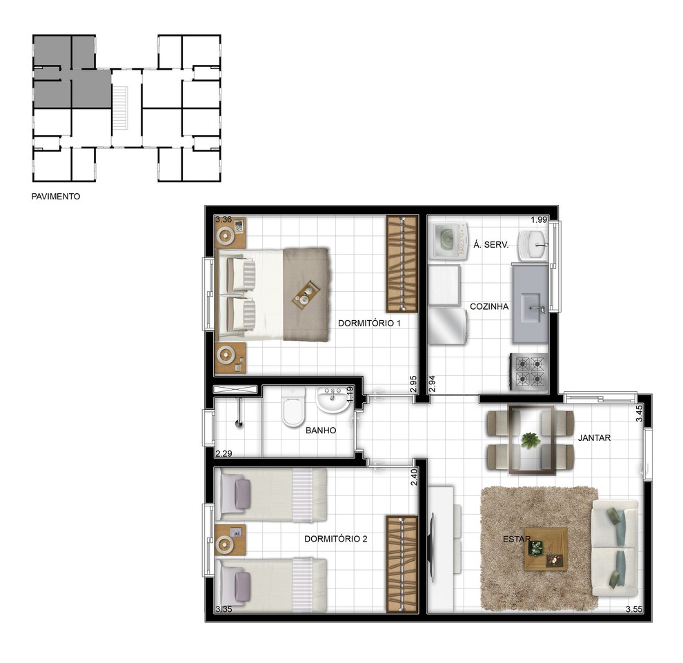 1 quarto - planta meio do RES FIRENZE LIFE